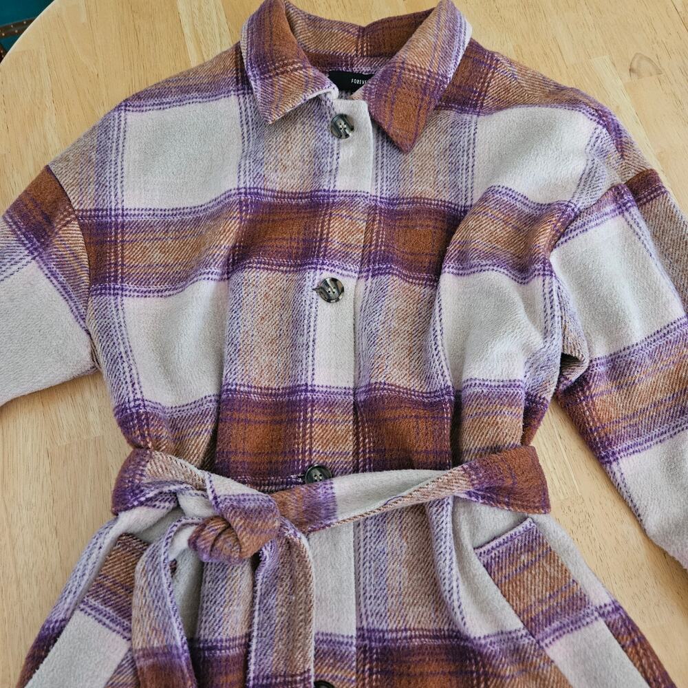 Forever 21 Long Line Plaid Jacket Belted Sz L - Picture 5 of 12